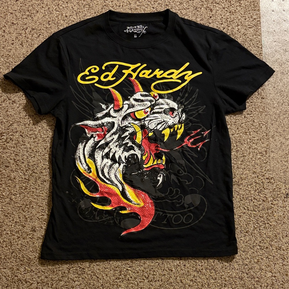 Ed Hardy Black Tee with Yellow & Red Tiger Graphic
